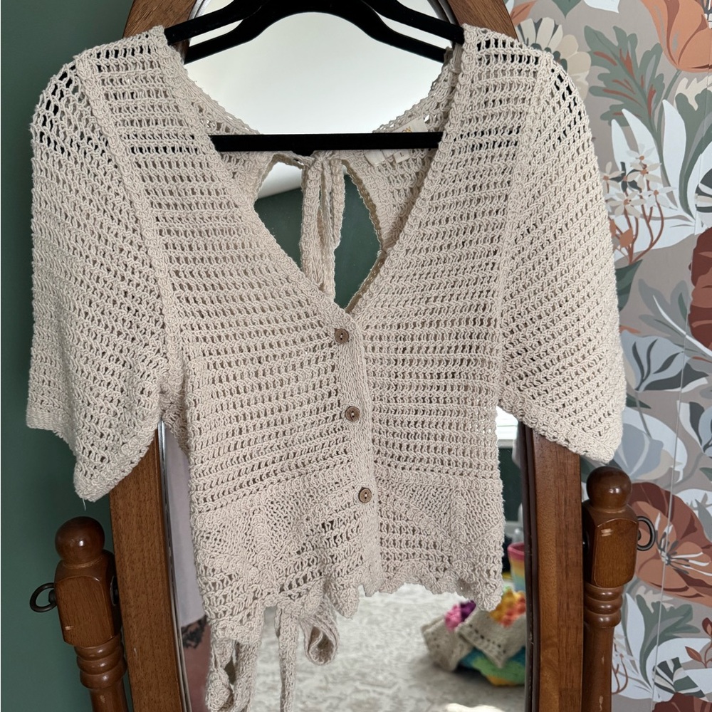 Y2K Boho Coastal Cowgirl Crochet Tie Back Adjustable Button Down Top